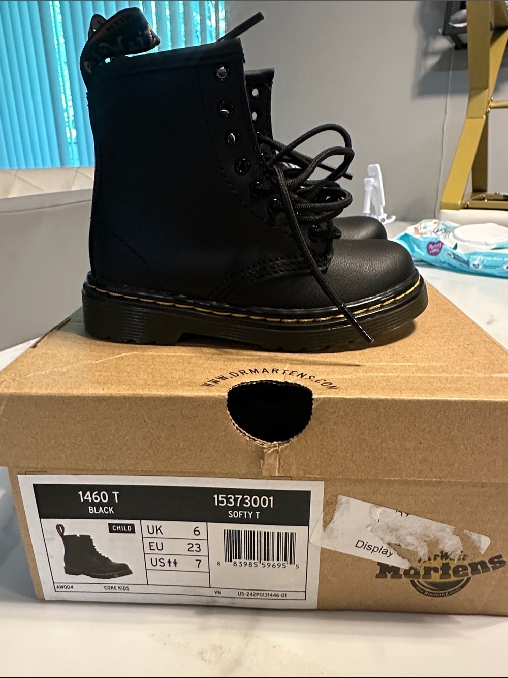 Dr. Martens Black Kids Lace-Up Combat Boot with Yellow Stitching